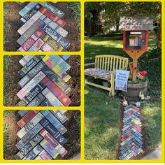 there is a bench made out of books in the grass and on the ground next to it