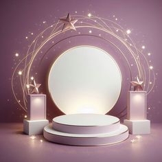 three white pedestals with stars around them on a purple background, surrounded by lights