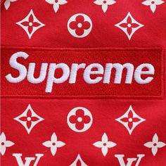 the supreme logo is on top of red and white fabric with louis vuitton pattern