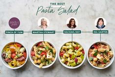 four bowls filled with different types of pasta salads on top of a marble counter