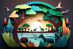 an animal scene with trees and birds in the background, cut out into paper art