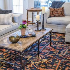 a living room with two couches, a coffee table and a rug on the floor