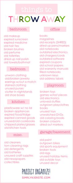 A great room-by-room list of things to throw away to help your home feel clean and uncluttered! It will make all the difference! Easy Home Organization, Organizing Hacks, Organisation Hacks, Moving Tips, Book Book, Home Organization Hacks, Cleaning Checklist, Cleaning Schedule