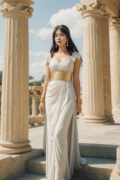 a woman in a white and gold dress standing next to some pillars with columns behind her