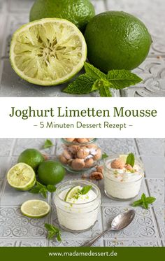 three different pictures with limes, nuts and yogurt in the middle one has a lemon on it