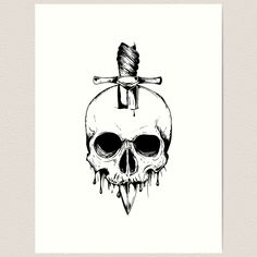 a black and white drawing of a skull with a knife on it's head