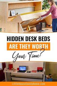 a woman standing in front of a bed with the words hidden desk beds are they worth your time?