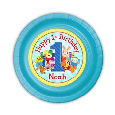 a blue frisbee with the number 1 on it and cartoon characters around it