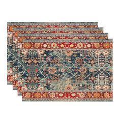 four rugs with different colors and patterns on the sides, including red, blue, green