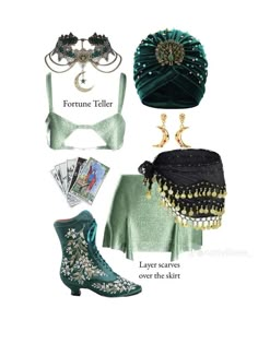 four different types of clothing and accessories including shoes, hats, scarves and jewelry