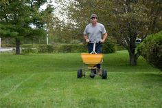 a man is pushing a yellow wagon in the grass