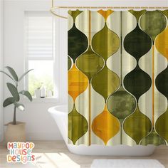 a shower curtain with an abstract design in yellow, green and brown colors on it