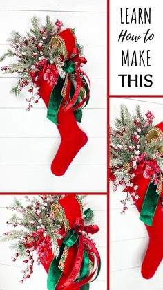 christmas stocking with flowers and ribbon on it, instructions for how to make this