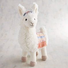 a small white llama wearing a scarf