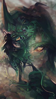 an abstract painting of a green creature with horns and large, long hair on his head