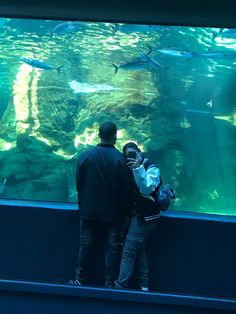 two people standing in front of an aquarium tank looking at the fish swimming around them