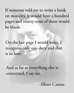 albert camus quote about writing on paper with black and white photo in the background