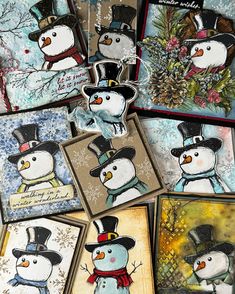 some cards with snowmen and hats on them