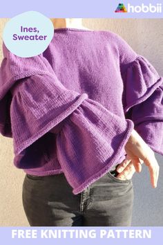 a woman wearing a purple sweater and jeans with the words free knitting pattern on it