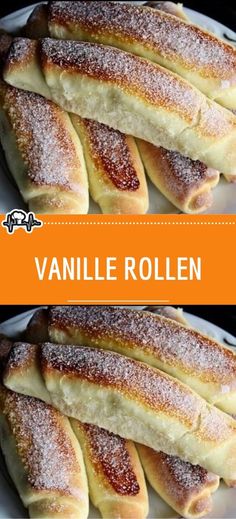 the cover of vanille rollenn's cookbook, which features bread rolls covered in powdered sugar