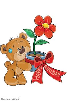 a brown teddy bear sitting next to a birthday card with a flower and a red ribbon