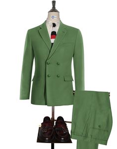 Semi-formal Green Blazer With Double Button Closure, Semi-formal Solid Color Double-breasted Suits, Semi-formal Solid Double-breasted Suits, Fitted Green Blazer For Office, Fitted Green Blazer With Double Button Closure, Green Fitted Suits With Double Button Closure, Green Long Sleeve Three-piece Suit For Business, Green Fitted Long Sleeve Suit, Fitted Green Long Sleeve Suit