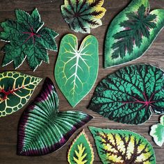 several different leaf shapes and colors on a table with some leaves cut out to look like plants