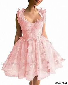 Olivia Mark - Chic Butterfly Tulle Dress with Lace Appliques for Short Formal Gatherings and Parties Deep V Neck Dress, Tulle Fabric, Dress With Lace, Sleeveless Maxi Dress, Lace Applique, Tulle Dress, V Neck Dress, Types Of Collars, Pale Pink