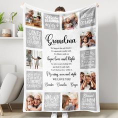 a blanket with the words grandma on it and pictures of people in different locations around them