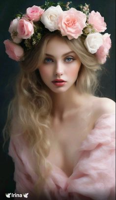 a woman with long blonde hair wearing a wreath of flowers on top of her head