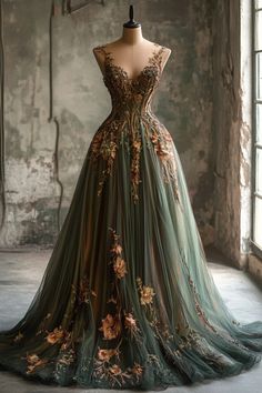 Brown Ball Gown Dress, Black And Green Wedding Dress, Brown Ball Gown, Black And Green Wedding, Steampunk Bride, Asgardian Dress, Book Dresses, Witchy Dresses