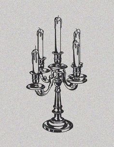 a black and white drawing of a candelabra with four candles on it