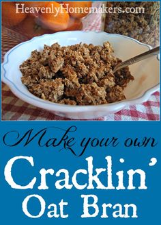 a white bowl filled with crockin oat bran next to an orange and red checkered table cloth