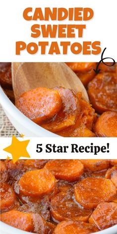 the recipe for candied sweet potatoes is shown in three different pictures, with text overlay