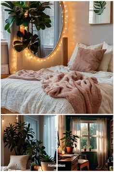 two pictures of a bedroom with plants and lights on the wall, one has a pink blanket