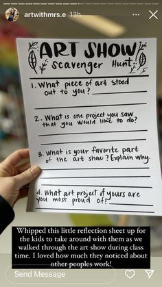 someone is holding up a piece of paper with writing on it and the caption reads art show scavenger hunt