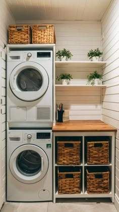 a washer and dryer in a laundry room with baskets on the shelf next to it