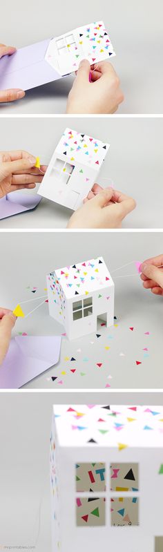 someone is making a house out of paper and confetti sprinkles