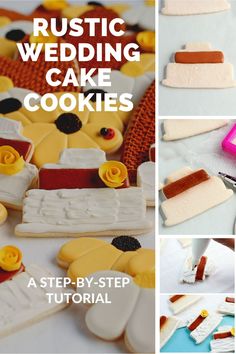 the instructions for how to make wedding cake cookies are shown in different stages and colors