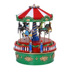 a merry go round ride with horses on it's sides and red, white, and green top