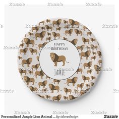 a personalized plate with an image of a lion and the words happy birthday on it