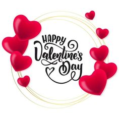 happy valentine's day card with red hearts in the center and lettering on white background