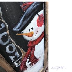 a painting of a snowman wearing a black hat, scarf and red scarf around his neck