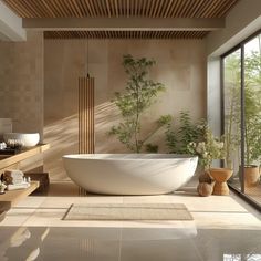 a large white bath tub sitting inside of a bathroom next to a wooden wall and floor