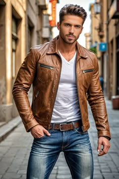 Series of images, man in leather jacket, image created using AI#menswear Man In Leather Jacket, Brown Leather Jacket Outfit, Jacket Outfit Men, Masculine Clothing, Brown Leather Jacket Men, Leather Jacket Outfit