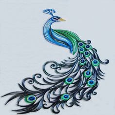 a drawing of a peacock with purple and blue feathers on it's back side