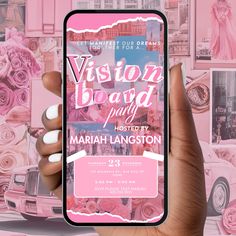 a person holding up a cell phone with the words vision board party on it