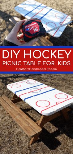 a picnic table for kids made out of hockey boards and ice skates with text overlay that reads diy hockey picnic table for kids