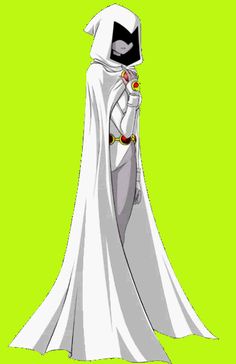 a cartoon character dressed in white and black, with a cape over his head on green background