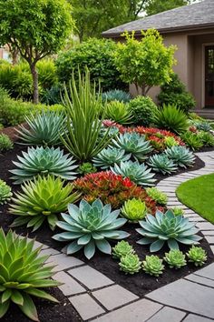 a garden filled with lots of different types of flowers and plants on top of a stone walkway